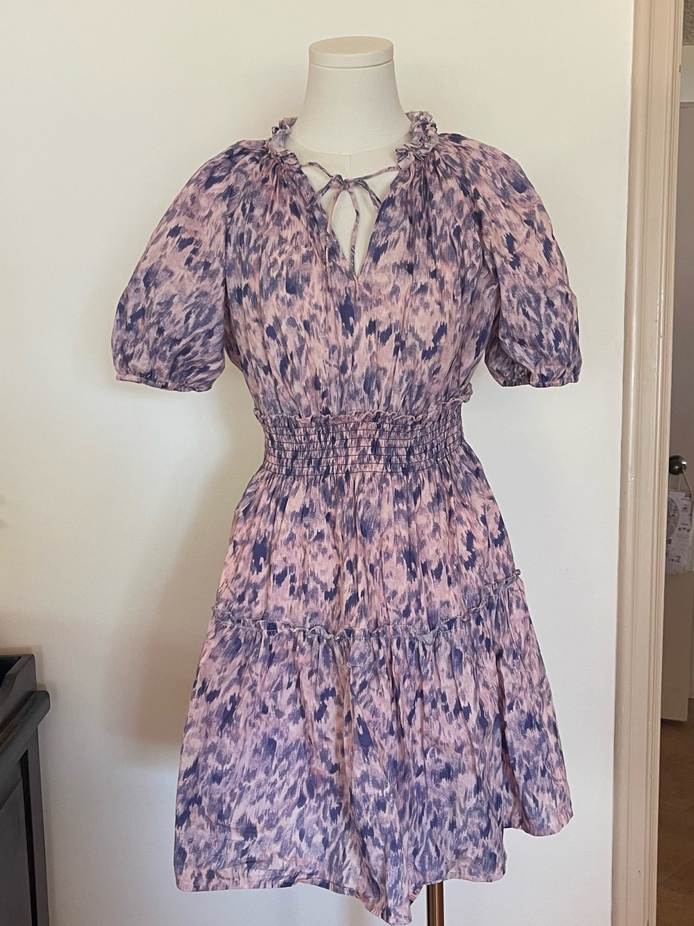 Rails Smocked Waist Pink & Purple Print Tiered Puff Sleeve Short Dress Tie Neck